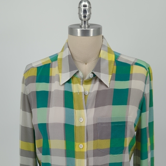 01405 Equipment Plaid Button Down Silk Shirt Yellow Green M preppy Business casu - Picture 3 of 8